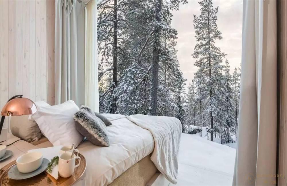 芬兰罗瓦涅米北极树玻璃雪屋卧室看雪
